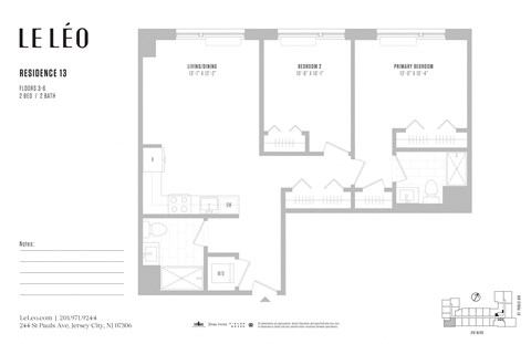 Floor plan for 2 beds, 2 baths, 1002 sqft